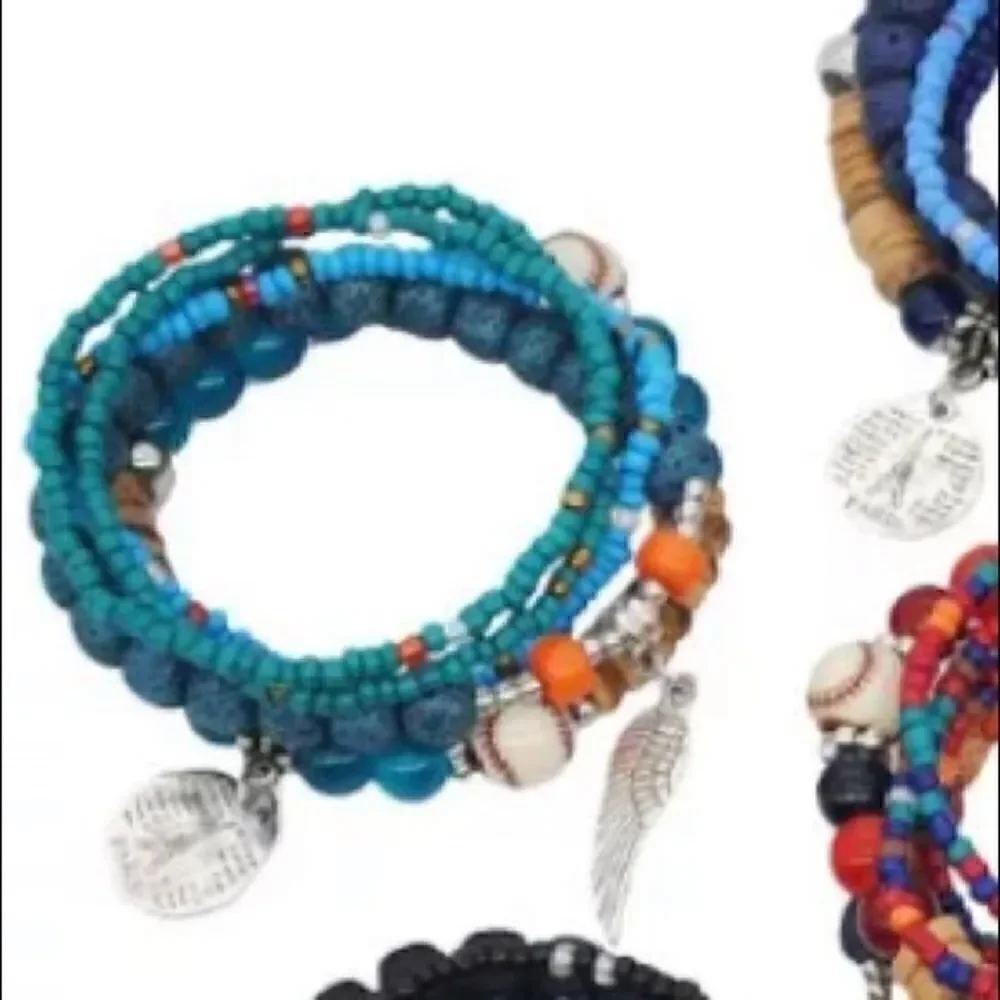 Boho Stackable Beaded Charm Bracelet Set Turquoise Silver Charms Layered Jewelry